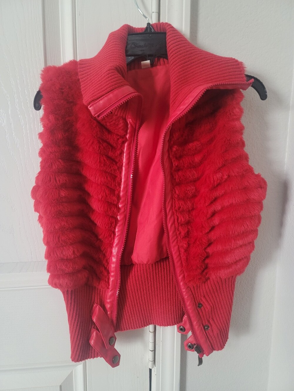 Women's Red Faux Fur Zip Vest with Ribbed Trim